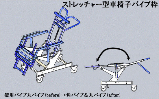 車椅子の丸パイプリンクユニットから角パイプ使用に改善