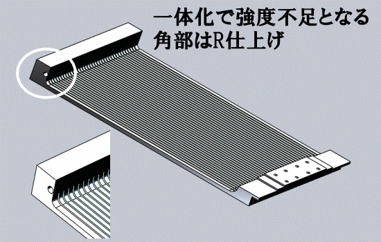 一体化加工で強度維持は角部をR加工